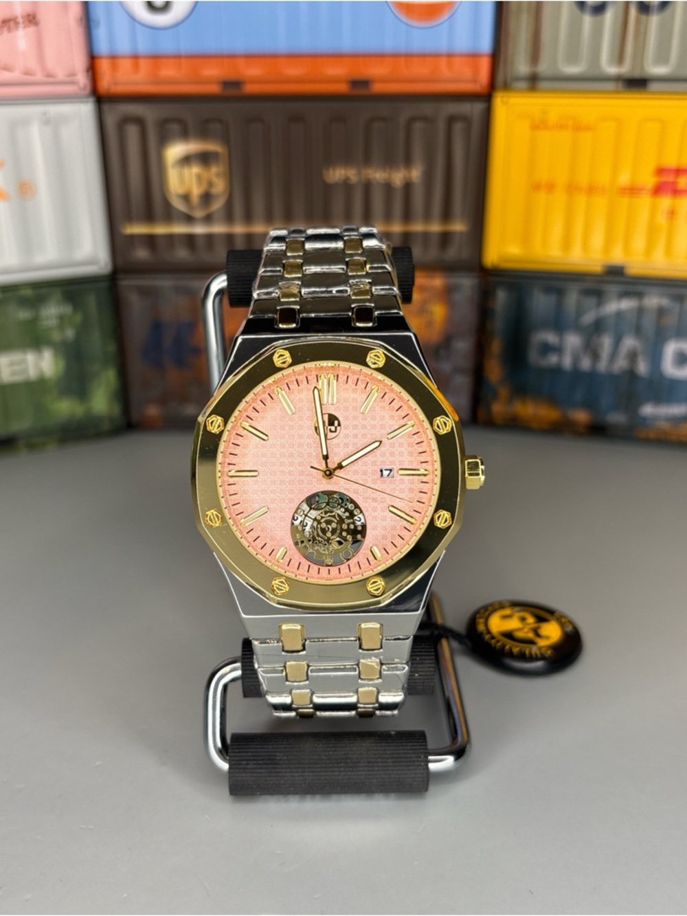 AJ USA 43mm Two-Tone Men's Stainless Steel Watch with Pink Dial